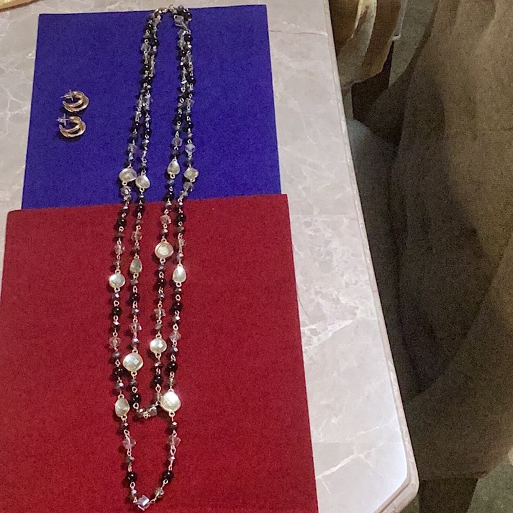 Double Strand Multicolored Beaded Necklace With Gold Short Loop Earrings